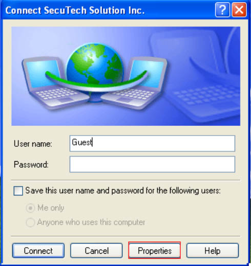properties is located at the bottom of the connection window