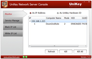 UniKey Network Server Console Monitor tab