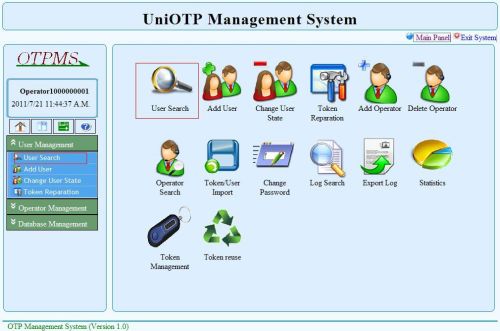 UniOTP Management user search icon