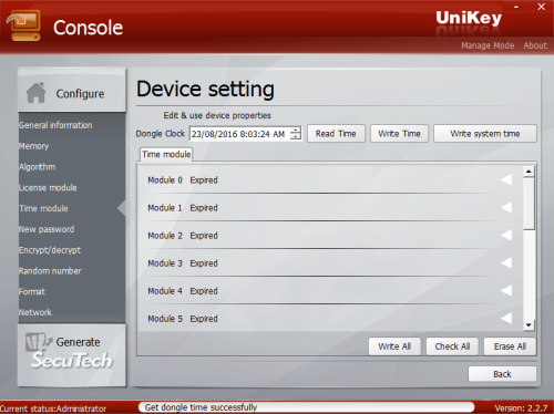 UniKey Console time module selections