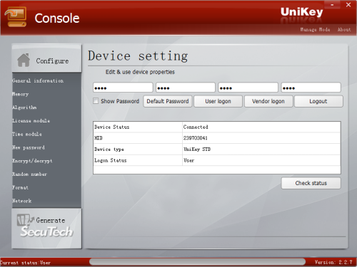 UniKey Console configure tab