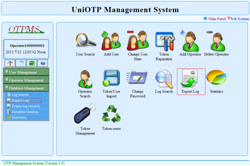 UniOTP Management export log icon