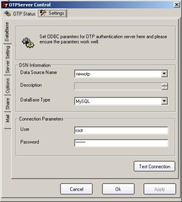 OTPServer database configuration panel