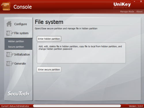UniKey Drive Console file system initial window