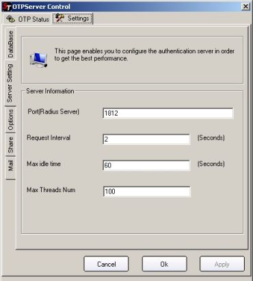 OTPServer authentication service configuration panel