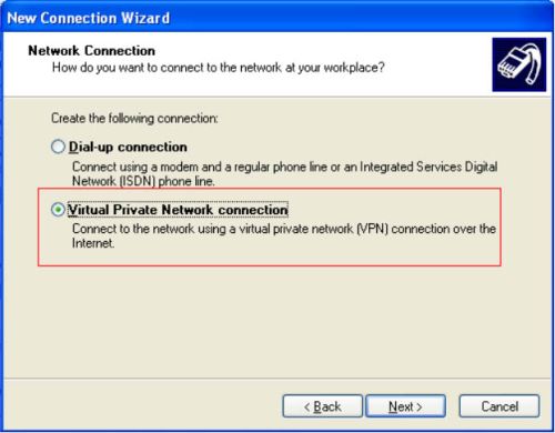 'virtual private network connection' option