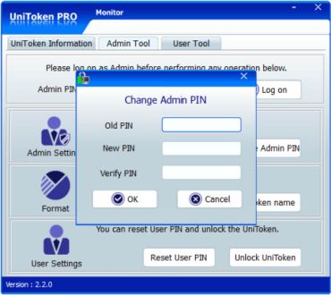 change Admin PIN window