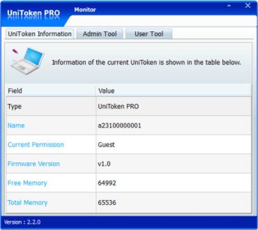 UniToken Monitor tool UniToken Information tab