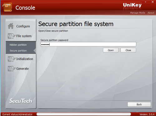 UniKey Drive Console secure partition login screen