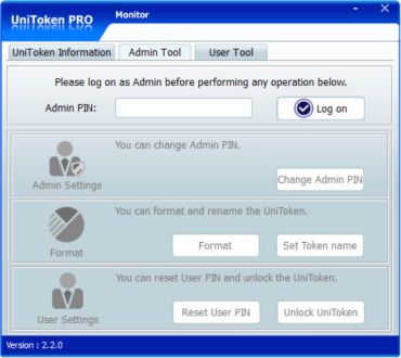 UniToken Monitor tool Admin Tool tab