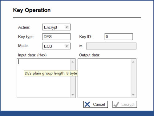select action and mode for the encryption/decryption to be performed