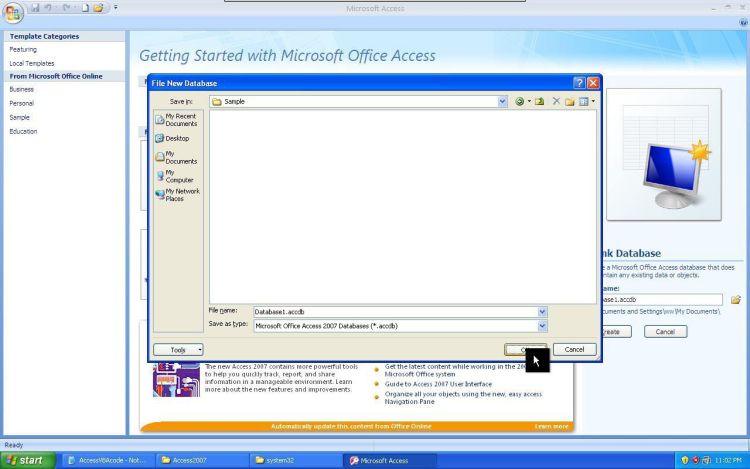 Microsoft Office Access new database dialog window