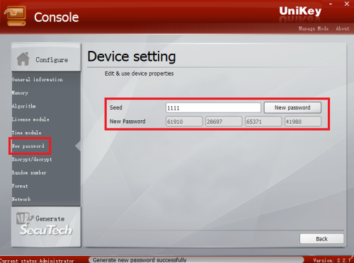 generating a new password using Console for a UniKey dongle