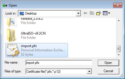 import .pfx or .p12 certificate file