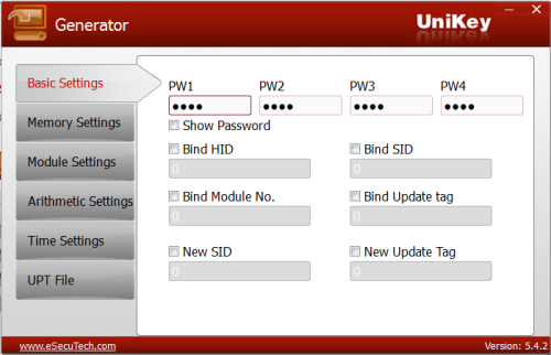 UniKey Generator basic settings tab