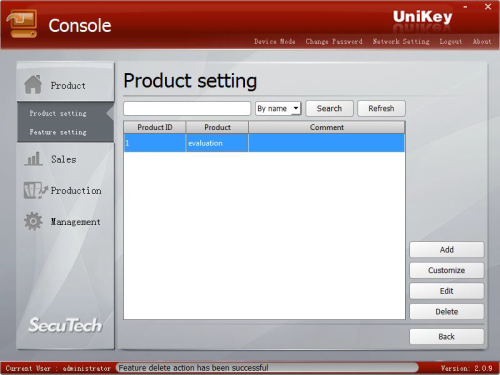 UniKey Console list product ID, name and any comments