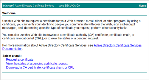 Microsoft Active Directory Certificate Services homepage