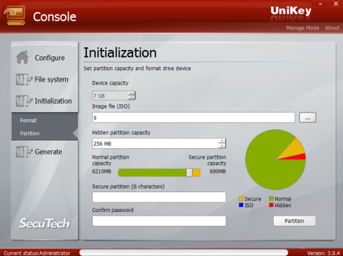 UniKey Drive Console Initialization Partition tab