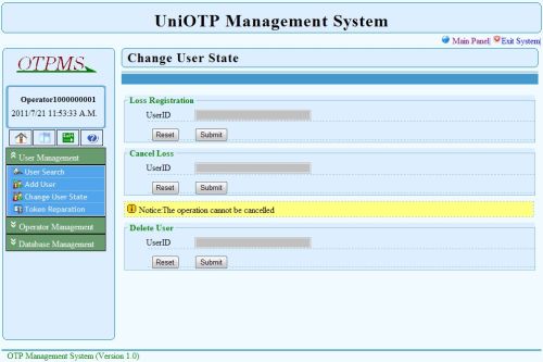 UniOTP Management changing user state window