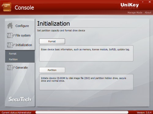 UniKey Drive Console Initialization tab