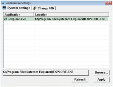 UniToken System Settings, choosing a browser