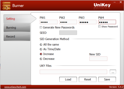 UniKey Burner settings tab