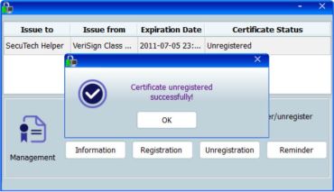'certificate unregistered successfully' message