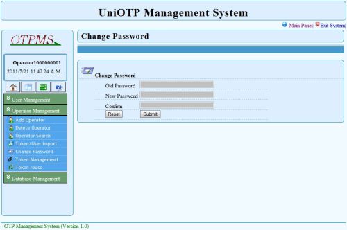 UniOTP Management change password screen