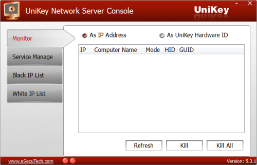 UniKey Network Server Console monitor tab