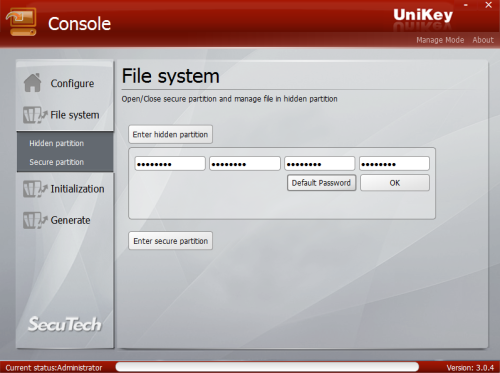 UniKey Drive Console hidden partition login screen