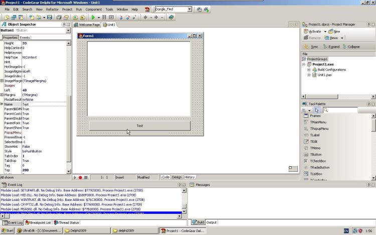 CodeGear Delphi add a button for use with tests