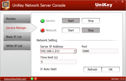 UniKey Network manage network services tab