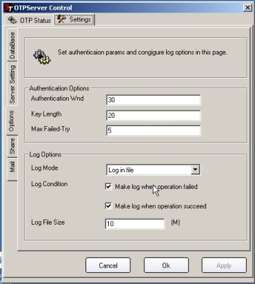 OTPServer login and authentication configuration panel